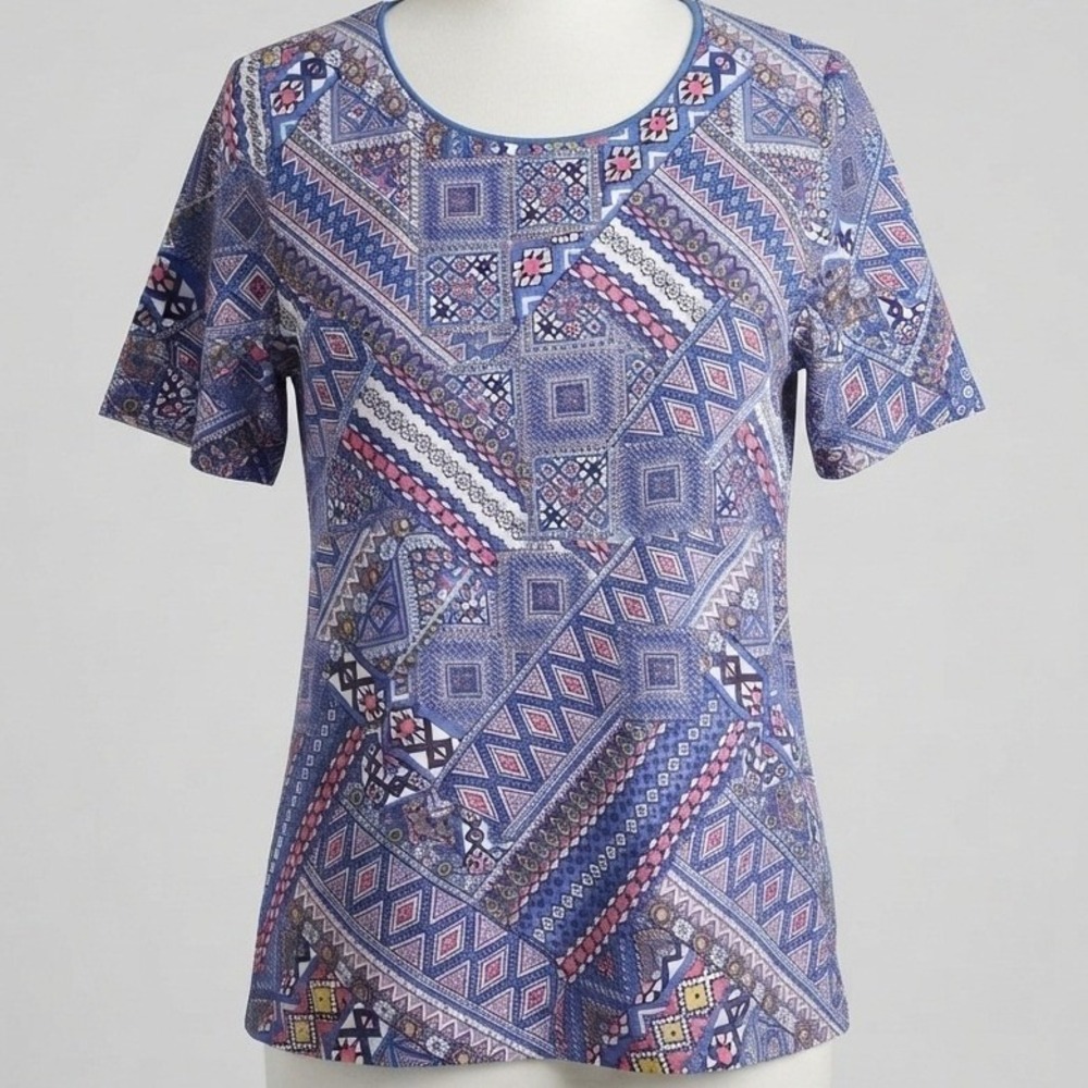 Kim Rogers Womens Blue Geometric Patchwork Print Scoop Neck T-Shirt Size L